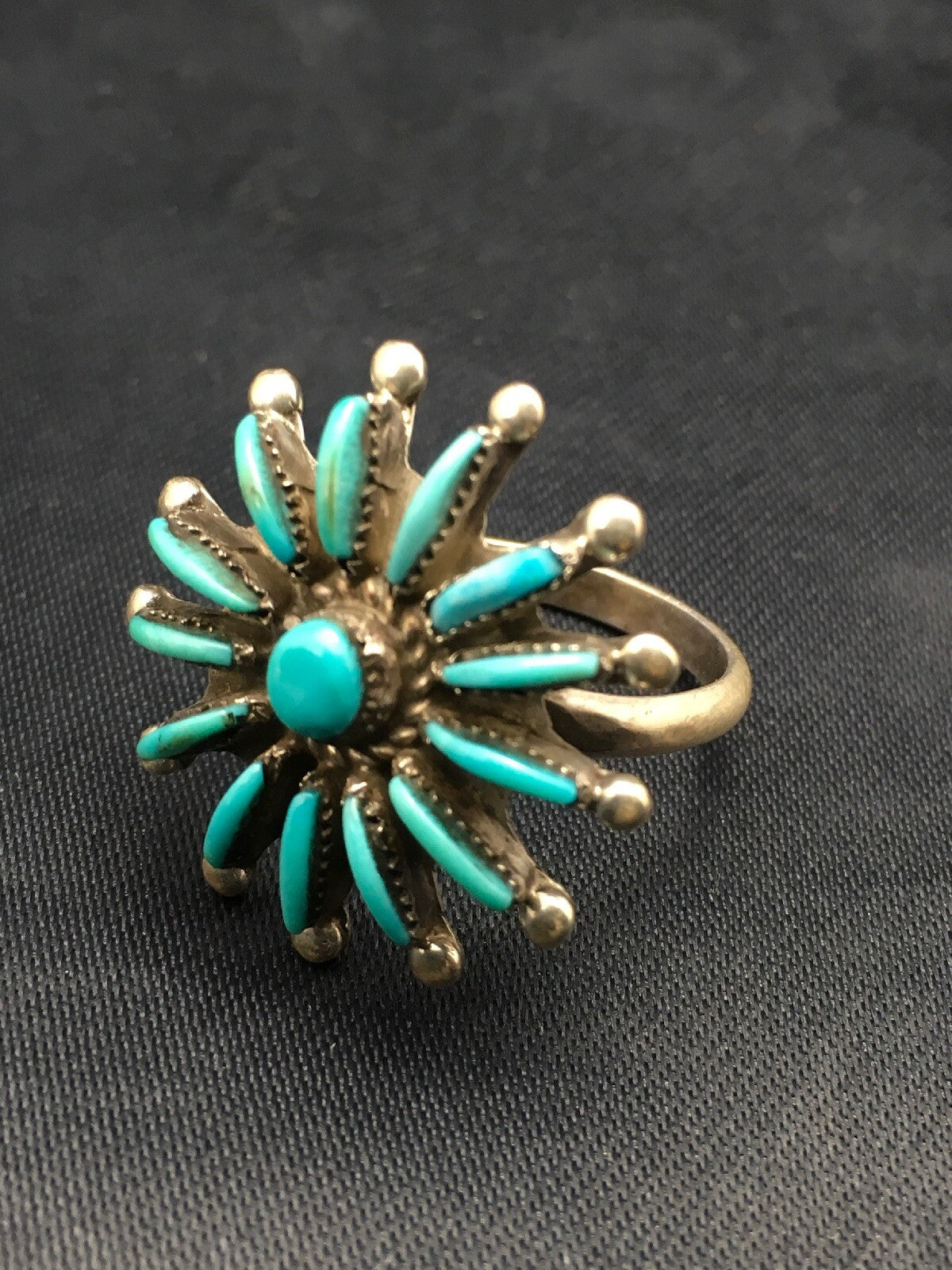 Blue Turquoise Needle Point Cluster Zuni Sterling Silver Ring Sz 7.25 4035