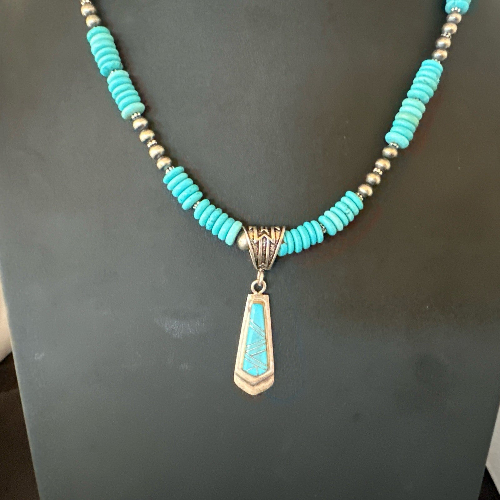 Blue Turquoise Inlay Pendant Navajo Sterling Silver Necklace 20" 19677