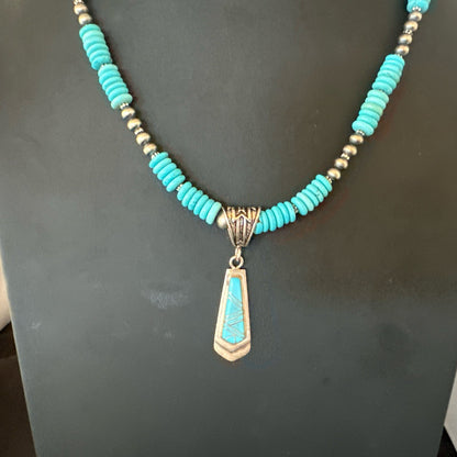 Blue Turquoise Inlay Pendant Navajo Sterling Silver Necklace 20" 19677