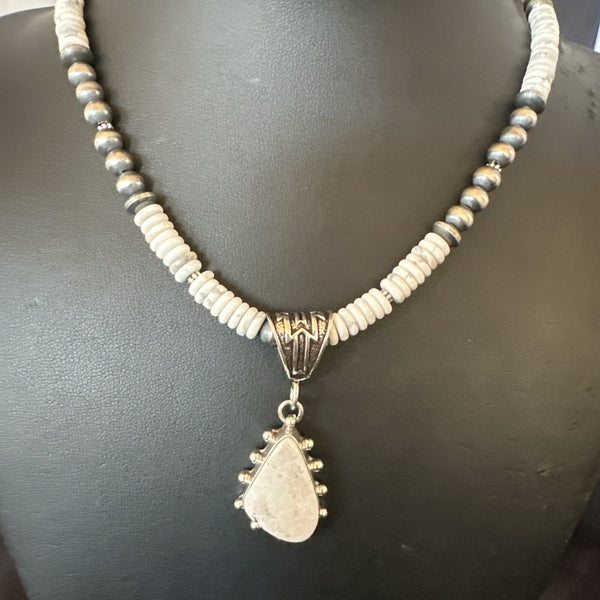 White Buffalo Turquoise Pendant Navajo Pearls Necklace 22" | Sterling Silver | Authentic Native American Handmade | 18258