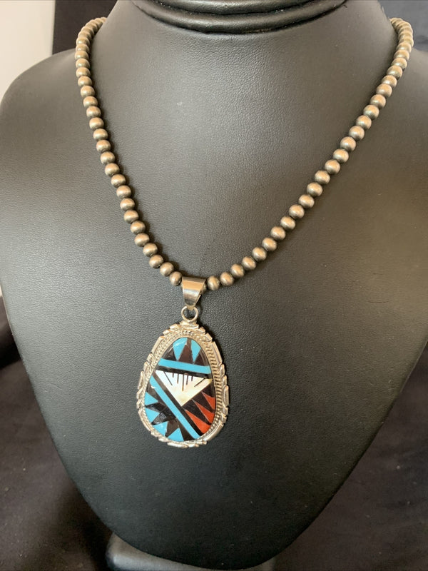 Turquoise Mother Of Pearl Coral Onyx Pendant Zuni Necklace | Sterling Silver | Authentic Native American Handmade | 12260