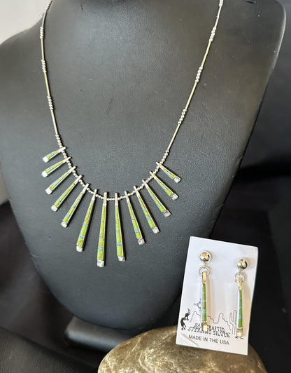 Womens Green Gaspeite Stick Pendant Necklace Earrings Sterling Silver 19151