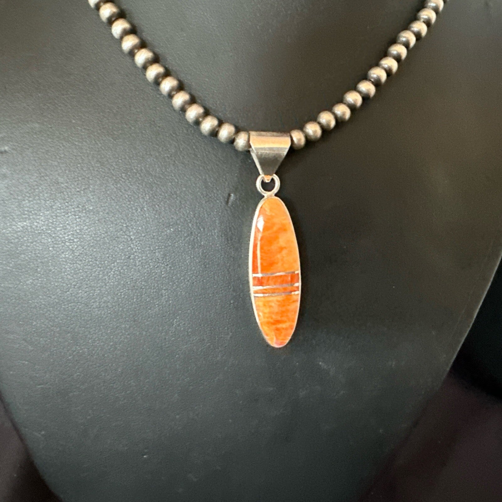 Native Navajo Sterling Silver Orange Spiny Oyster Necklace Inlay Pendant 17811