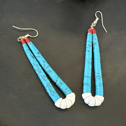 Blue Turquoise White Santo Domingo Sterling Silver Dangle Earrings 2.75” 18164