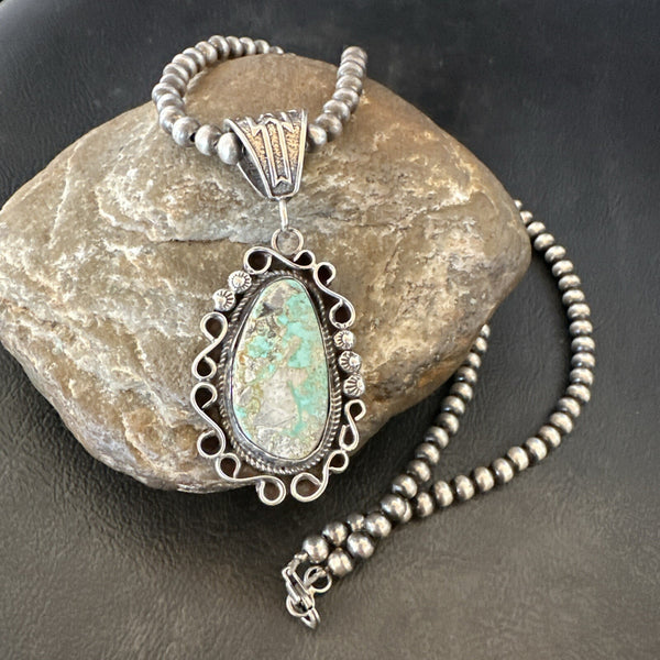 Men's Women Navajo Green Royston Turquoise Necklace Pendant | Sterling Silver | Authentic Native American Handmade | 18682