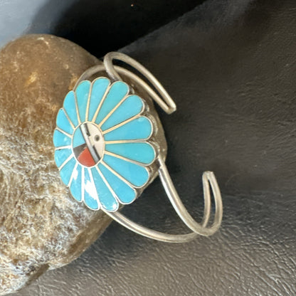 Old Pawn Sunface Turquoise Zuni Sterling Silver Onyx Bracelet 6.5” 19129