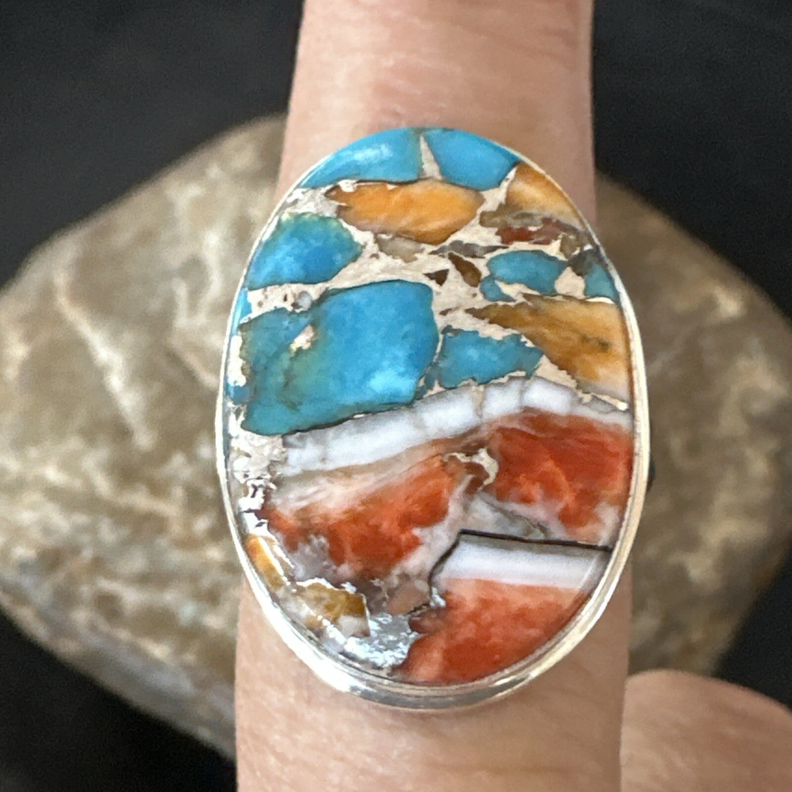 Blue Turquoise Spiny Oyster Southwestern Sterling Silver Ring Size 9 18461