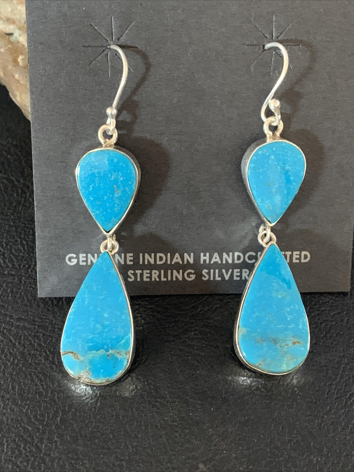 Blue Kingman Turquoise Navajo Sterling Silver Dangle Earrings 1.5" 14080
