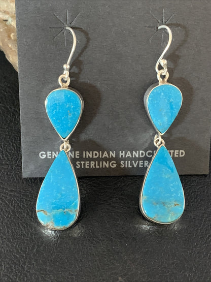 Blue Kingman Turquoise Navajo Sterling Silver Dangle Earrings 1.5" 14080