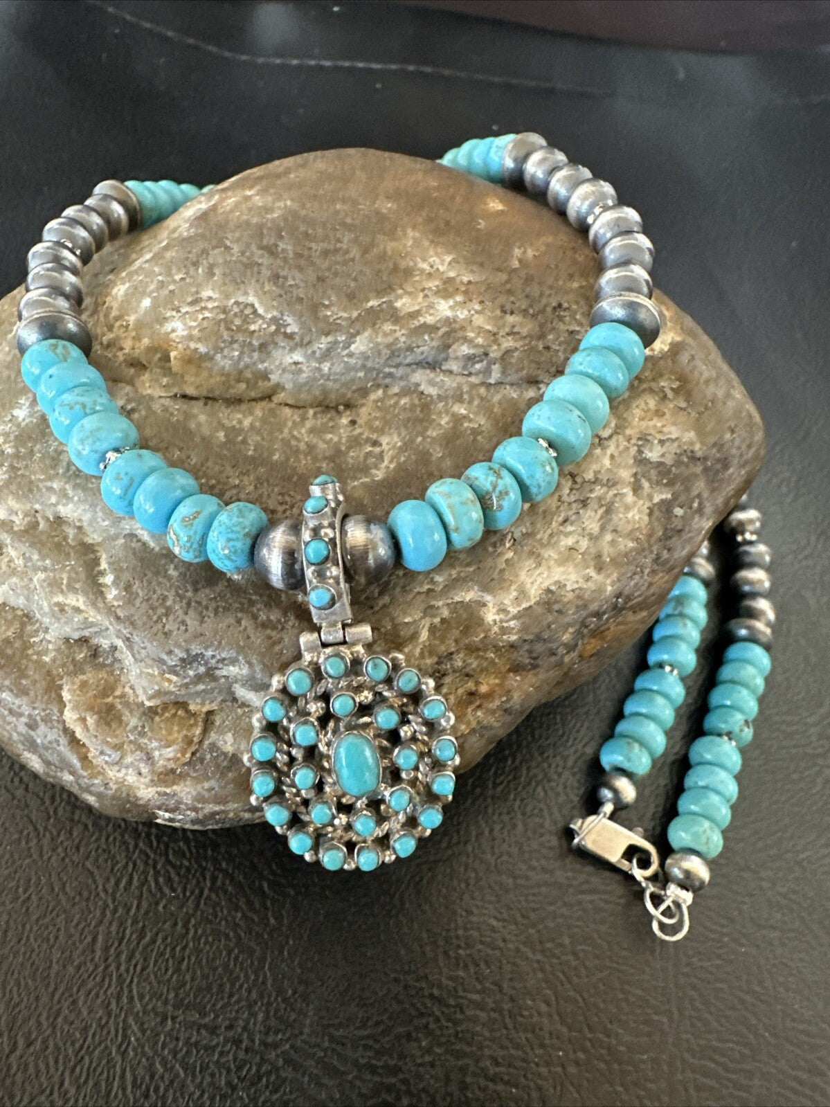 Zuni Blue Kingman Turquoise Cluster Pendant Sterling Silver Necklace 21" 18381