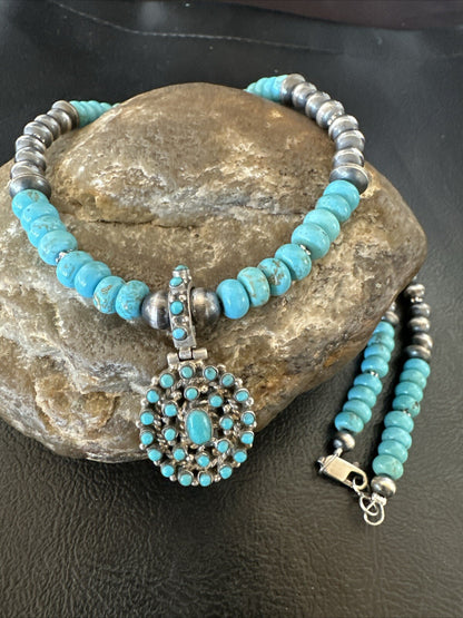Zuni Blue Kingman Turquoise Cluster Pendant Sterling Silver Necklace 21" 18381