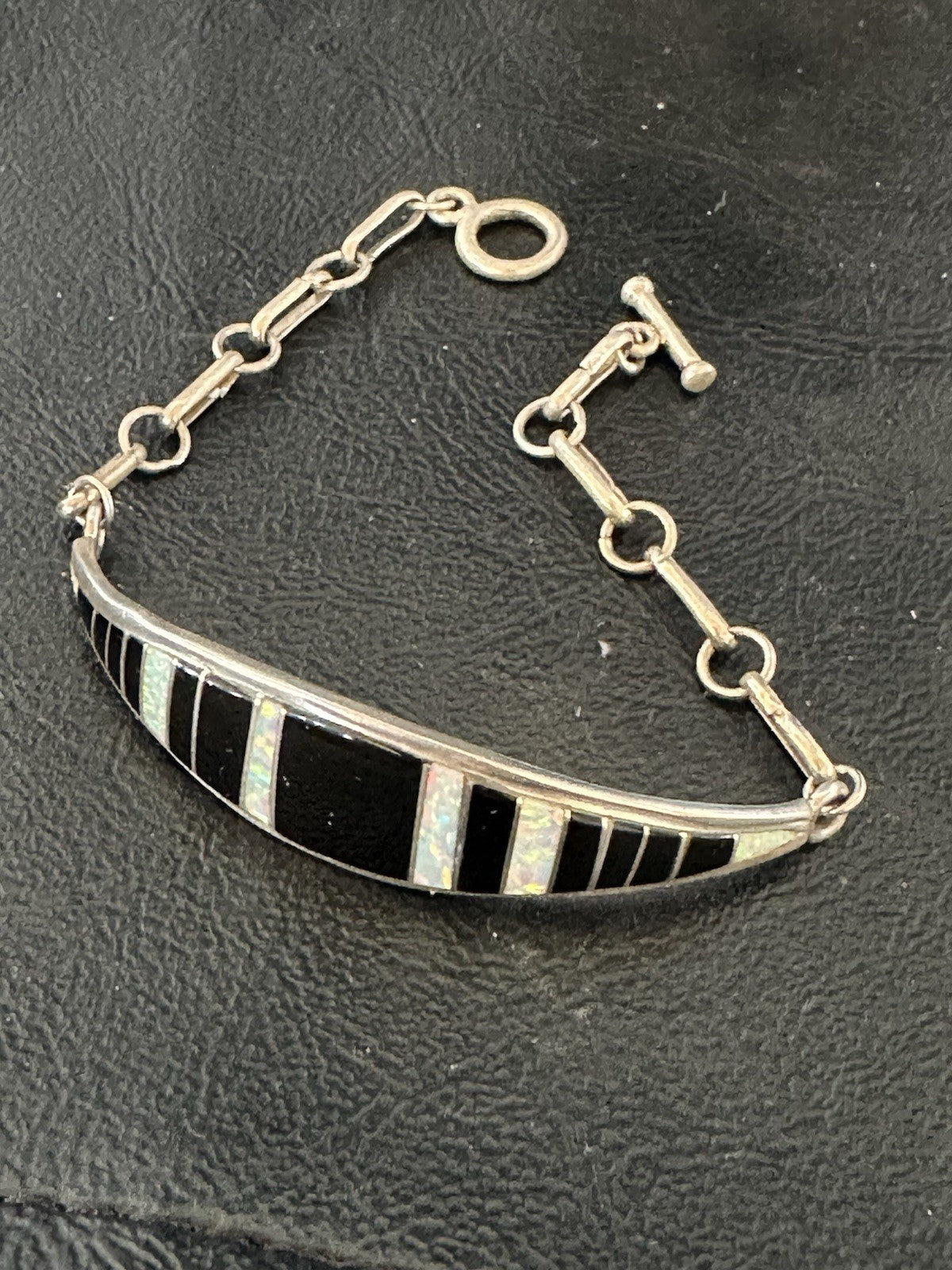 Inlay Bracelet Black Onyx Navajo Old Pawn Sterling Silver Link Bracelet 7" 19793
