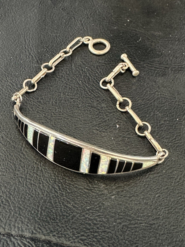Inlay Bracelet Black Onyx Navajo Old Pawn Link Bracelet 7" | Sterling Silver | Authentic Native American Handmade | 19793