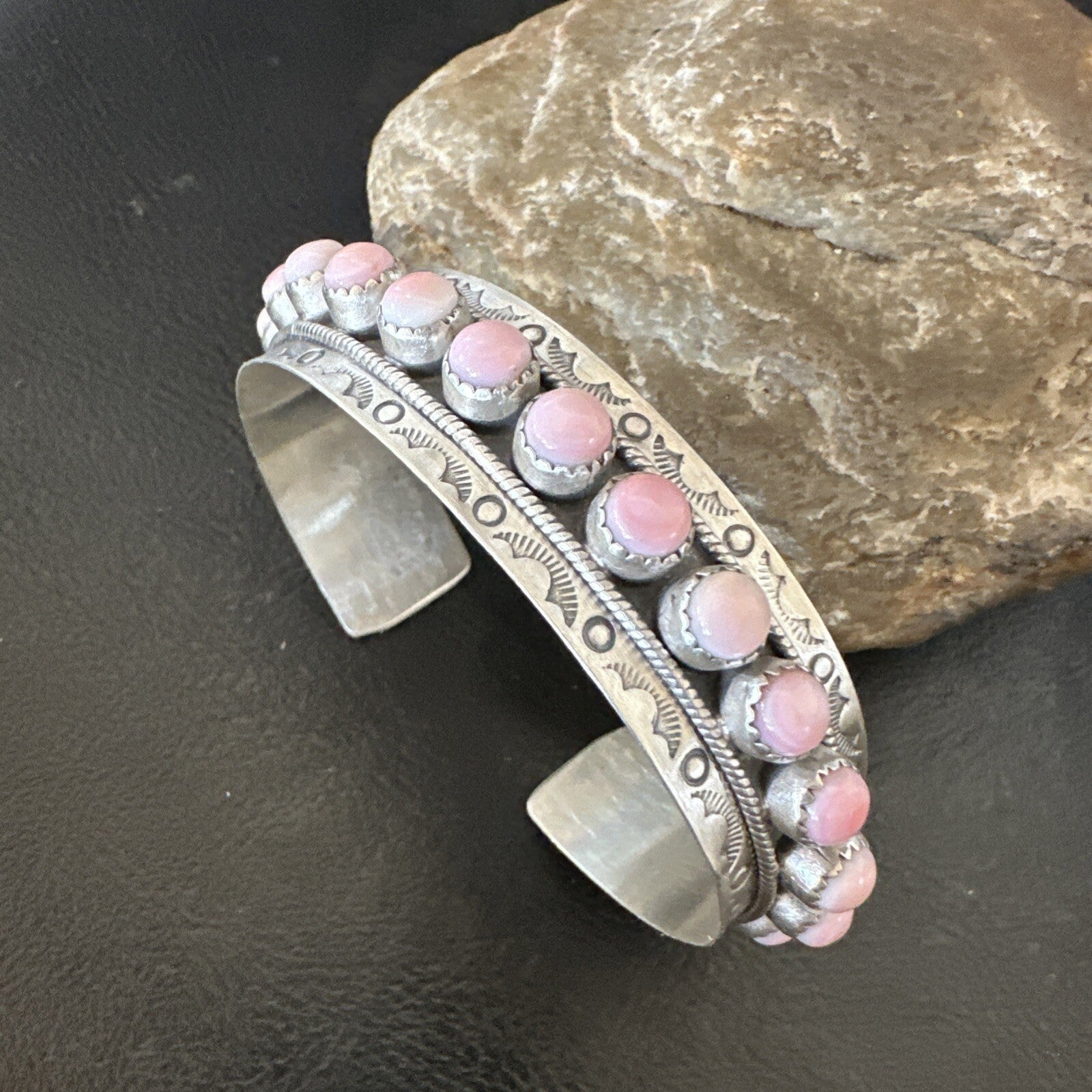 Navajo Pink Conch Cluster Sterling Silver Cuff Bracelet 18854