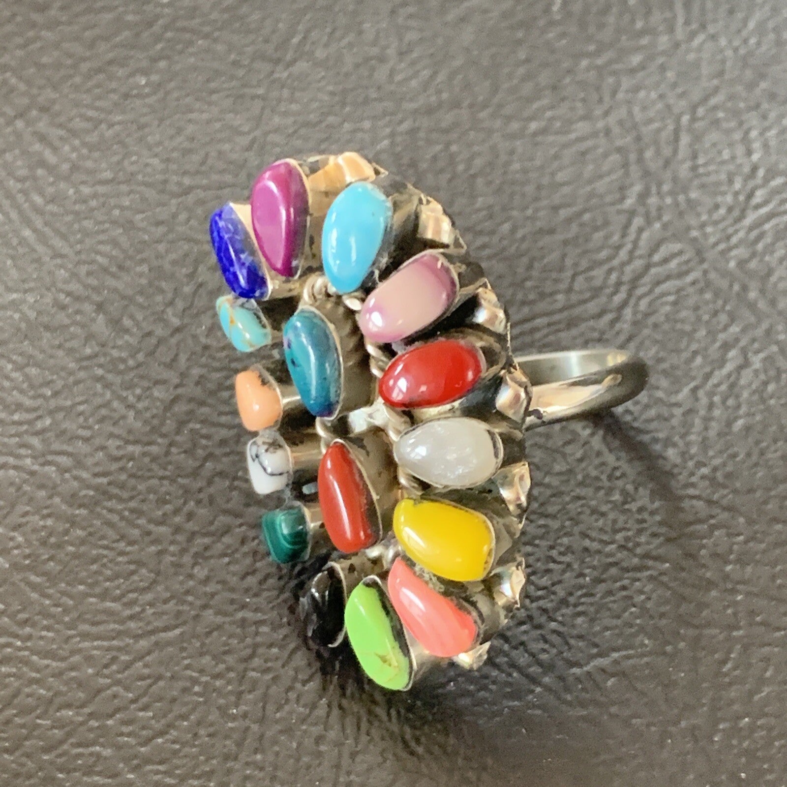 Onyx Lapis Turquoise & Gaspiete Navajo Sterling Silver Inlay Ring Size 8 11960