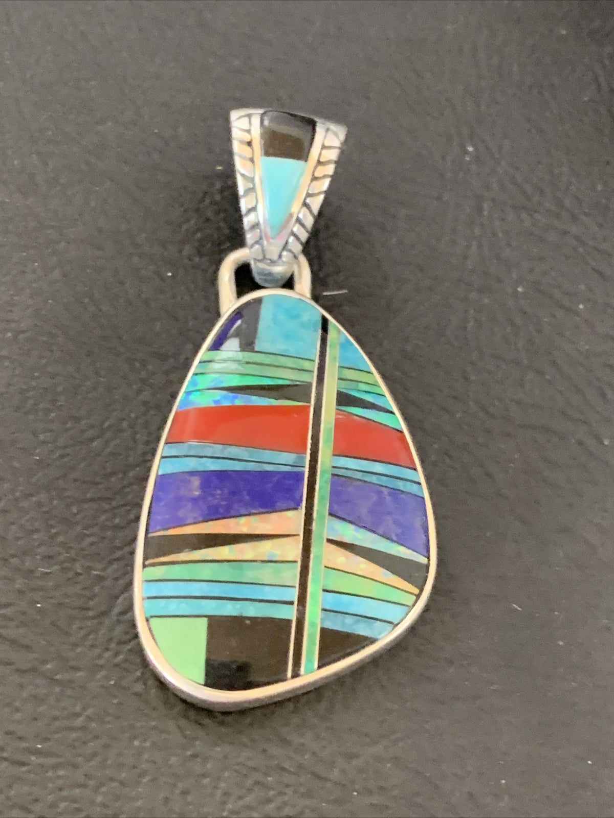 Womens Blue Turquoise Coral & Opal Navajo Sterling Silver Inlay Pendant 12493