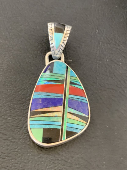 Womens Blue Turquoise Coral & Opal Navajo Sterling Silver Inlay Pendant 12493