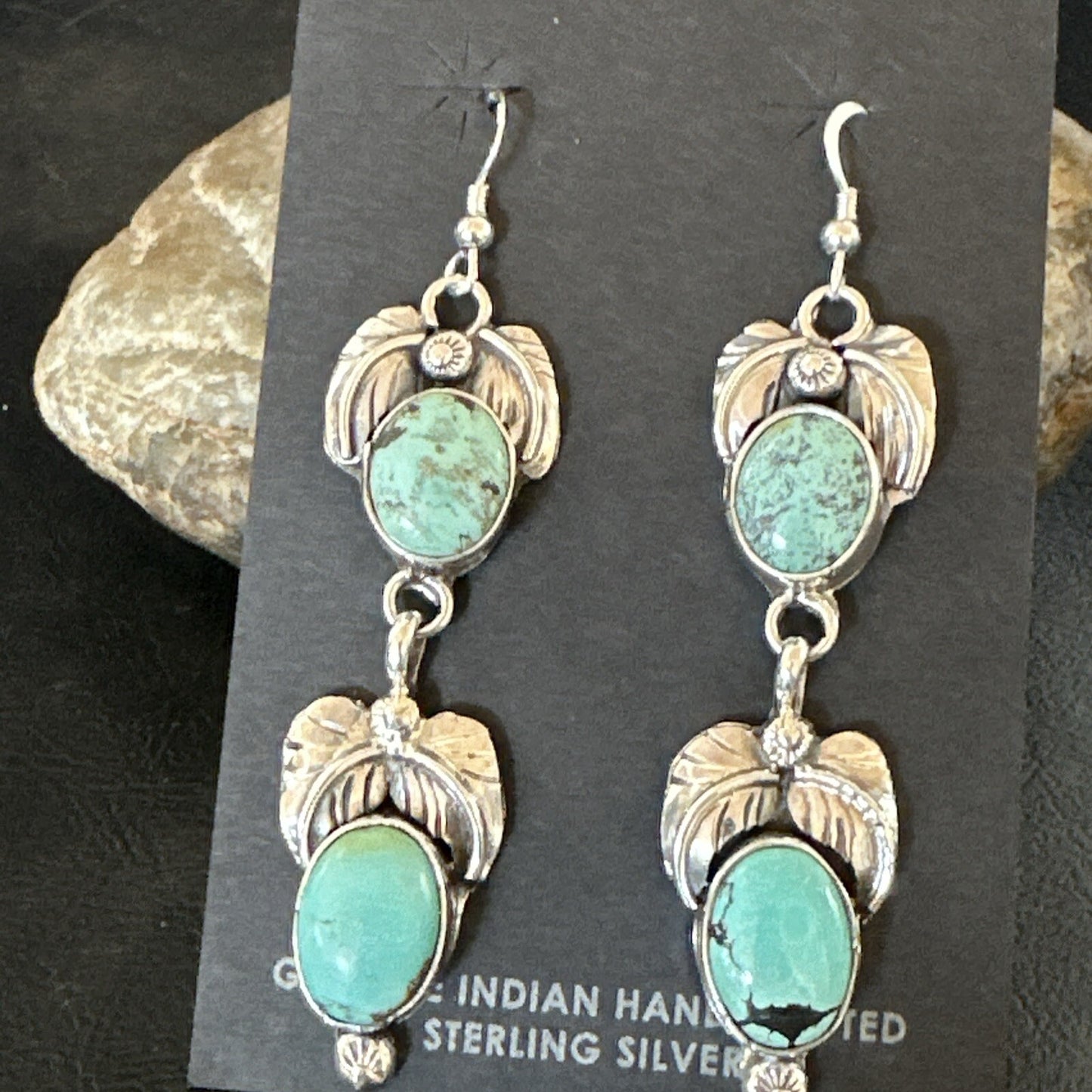 Native Navajo Green Turquoise Sterling Silver Dangle Earrings 2” 17914