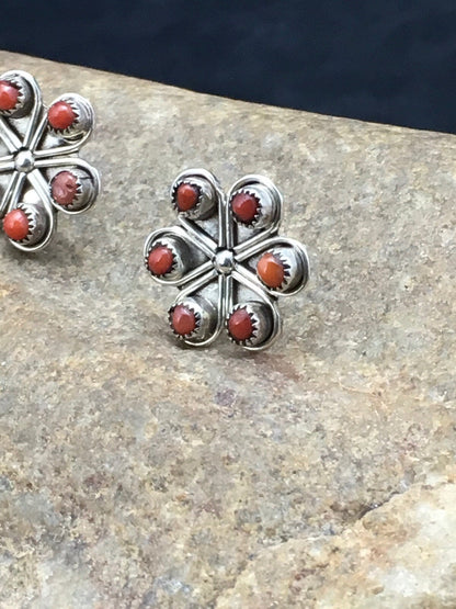 Native Zuni Cluster Sterling Silver Necklace Coral Earrings Set 0.6" 1074