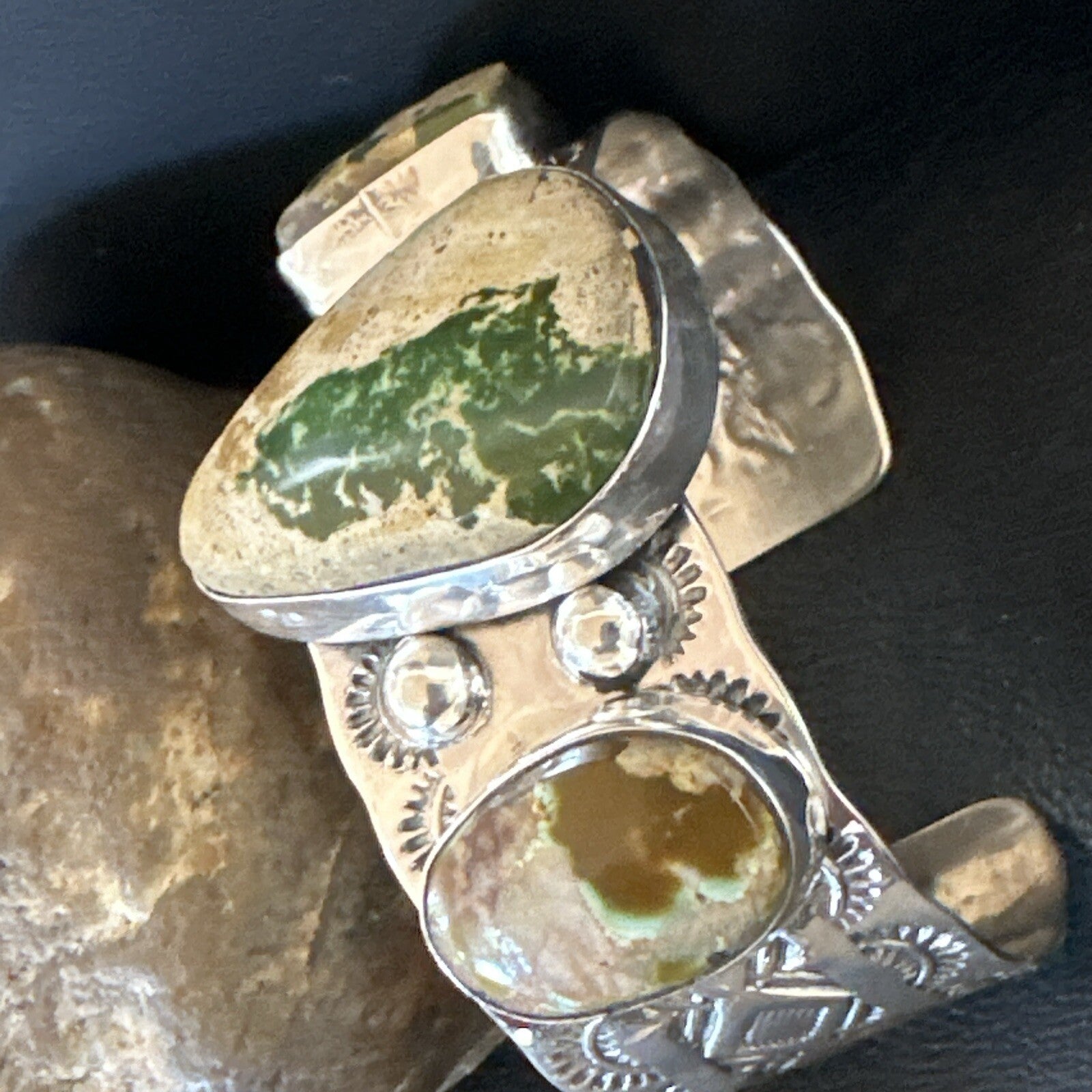 Navajo Green Royston TURQUOISE Stamped Sterling Silver Cuff Bracelet 18975