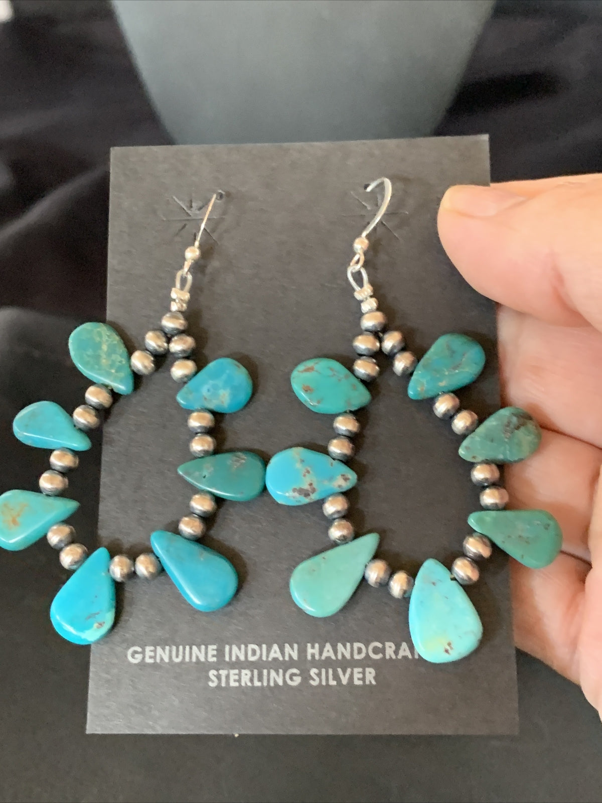 Blue Turquoise Bead Sterling Silver Beads Cluster Earrings 2" 13372N