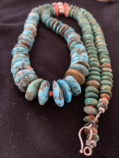 Blue Green Turquoise & Spiny Oyster Navajo Sterling Silver Necklace 28" 01671