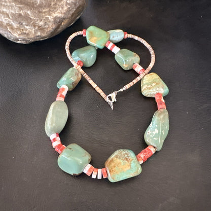 Navajo Green Turquoise Red Spiny Oyster Necklace Sterling 23" 19717
