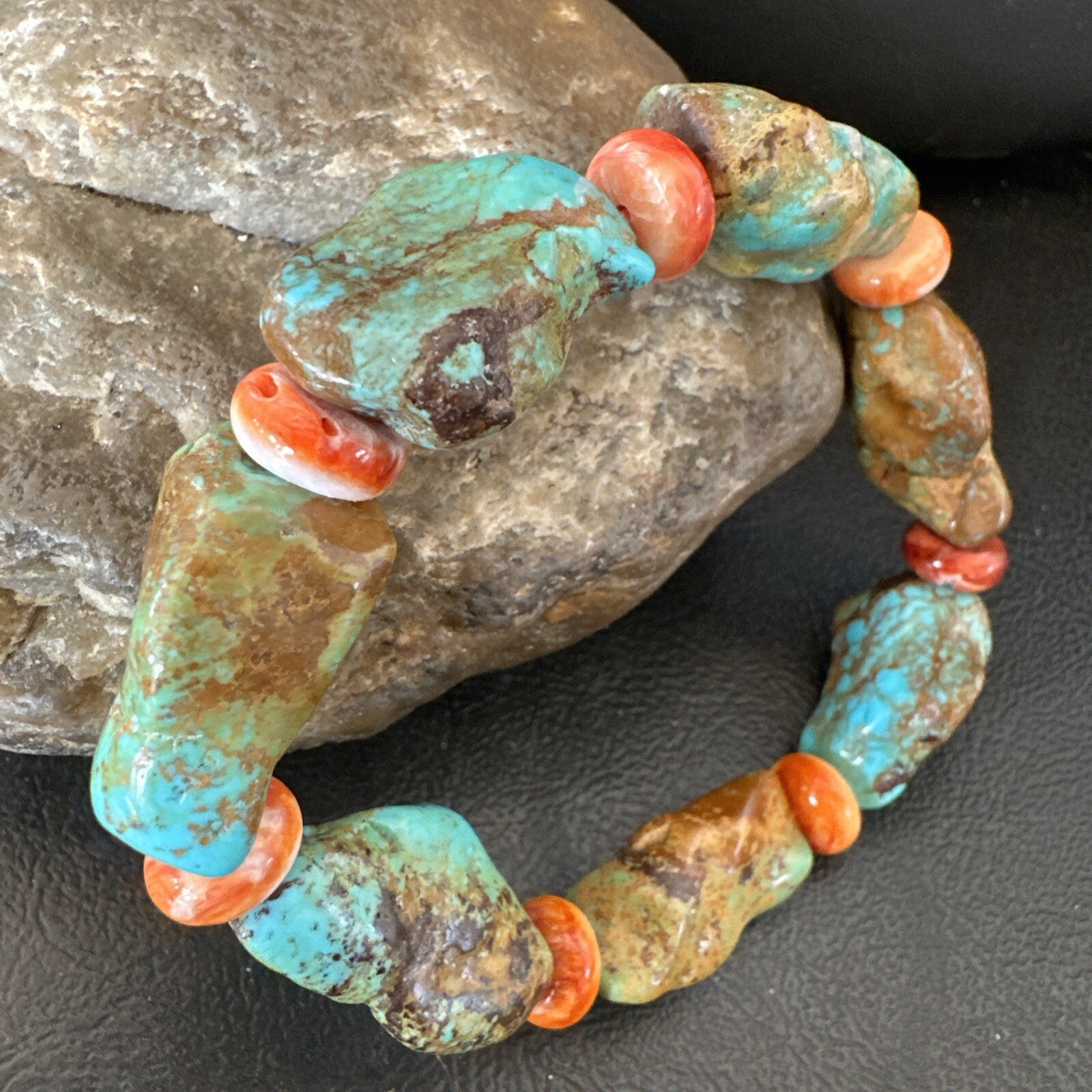 Mens Womens Green Turquoise Spiny Stretch Stone Friendship Bracelet 7" 18862