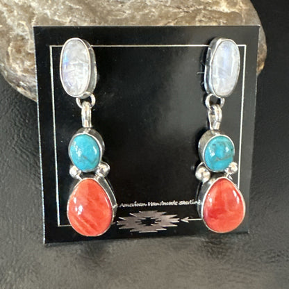 Turquoise Spiny MultiColor Navajo Sterling Silver Inlay Earrings 18353