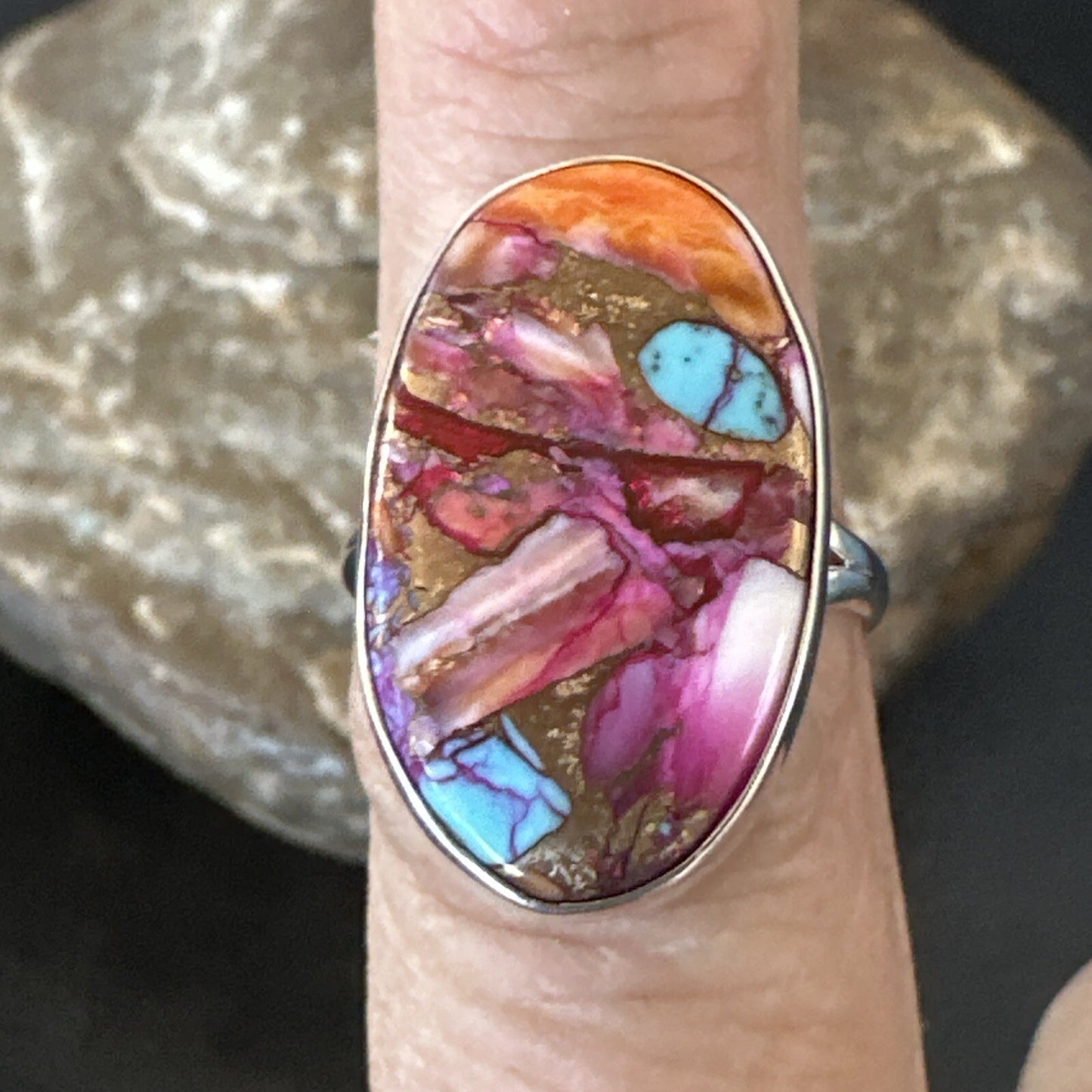 Blue Turquoise Spiny Oyster Southwestern Sterling Silver Ring Size 8 18429