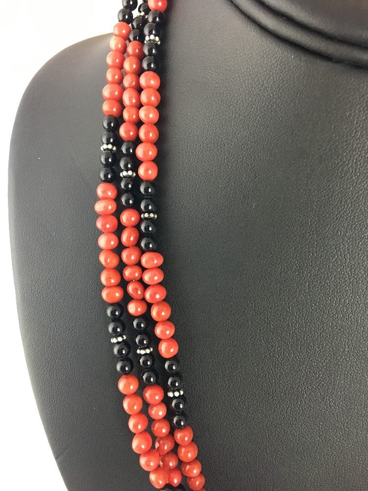 Red Bamboo Coral Black Onyx 3 Strand Sterling Silver Necklace 3246