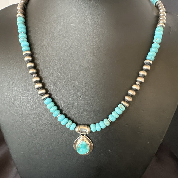 Women's Blue Kingman Turquoise Pendant Navajo Necklace 21" | Sterling Silver | Authentic Native American Handmade | 18149