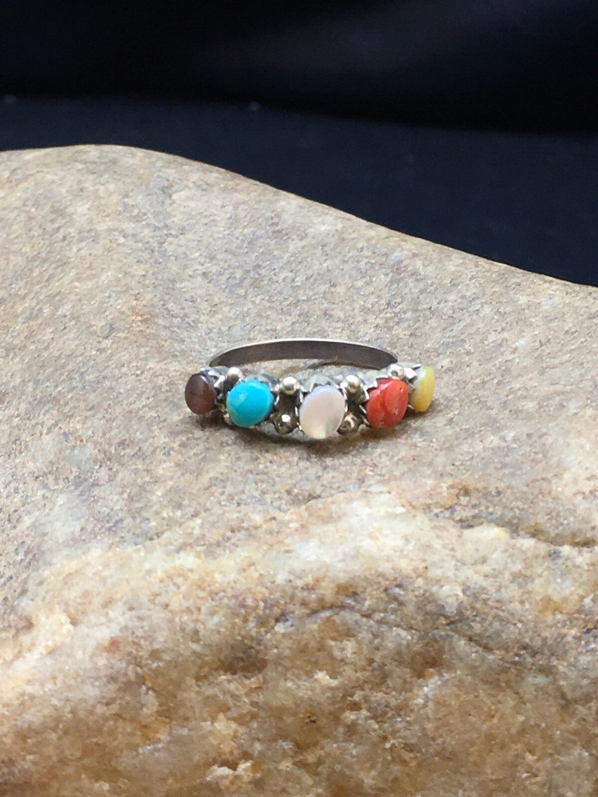 Blue Opal Coral & Turquoise Zuni Sterling Silver Ring Size 6.25 02501