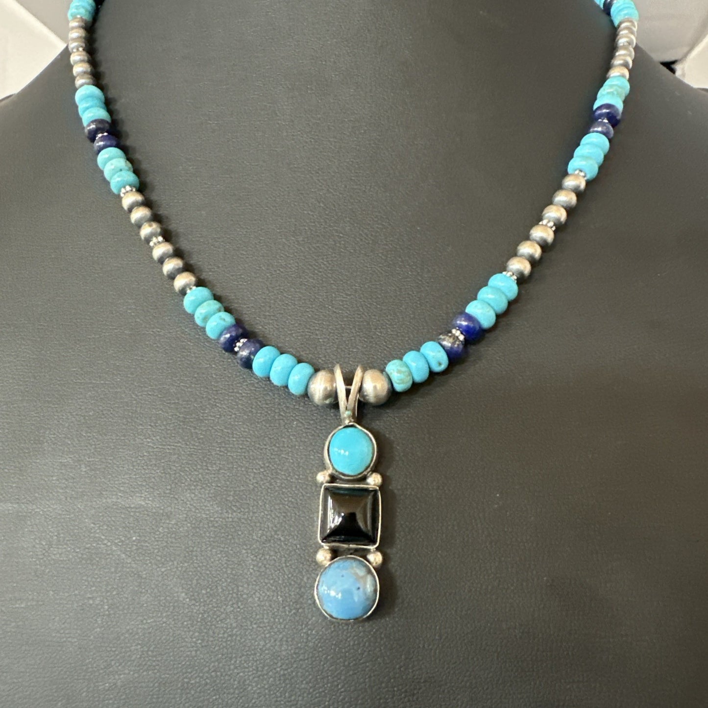 Blue Turquoise Lapis Onyx Pendant Navajo Sterling Silver Necklace 19550