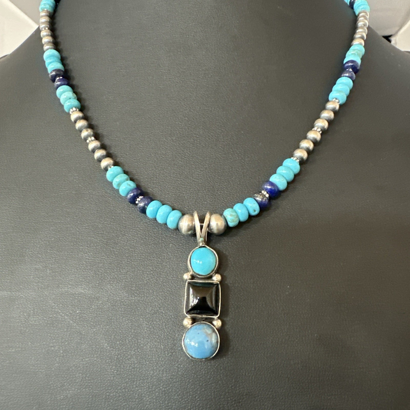 Blue Turquoise Lapis Onyx Pendant Navajo Sterling Silver Necklace 19550