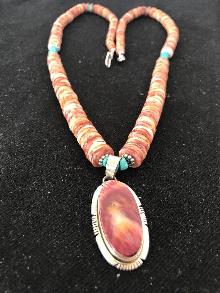 Native Navajo Sterling Silver Turquoise Spiny Oyster Bead Necklace Pendant 10040