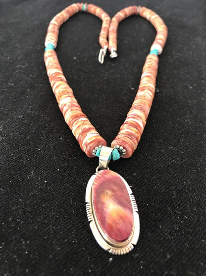 Native Navajo Sterling Silver Turquoise Spiny Oyster Bead Necklace Pendant 10040