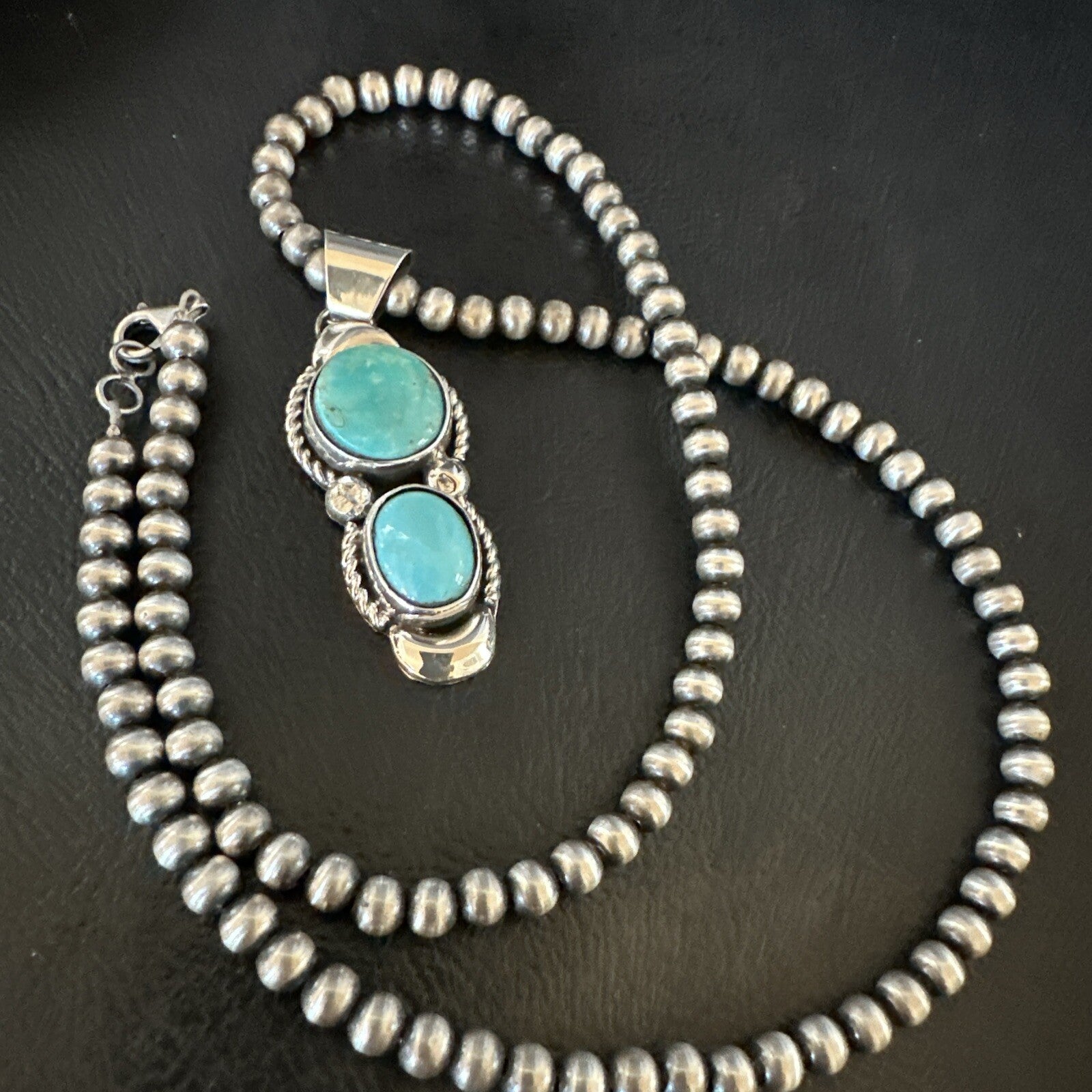 Blue Turquoise 2 Stone Navajo Sterling Silver Cluster Pendant 18192