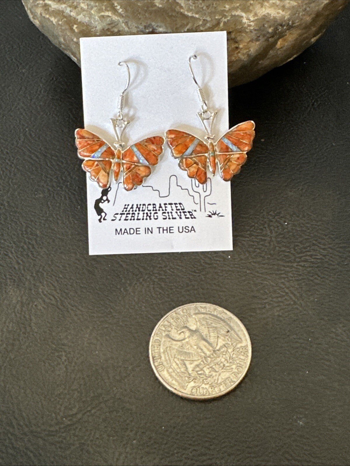 Butterfly Orange Spiny Oyster Opal Inlay Sterling Silver Dangle Earrings 18555