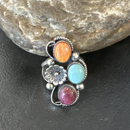 Multicolor Ring Turquoise Spiny Navajo Sterling Silver Cluster Size 8 19165