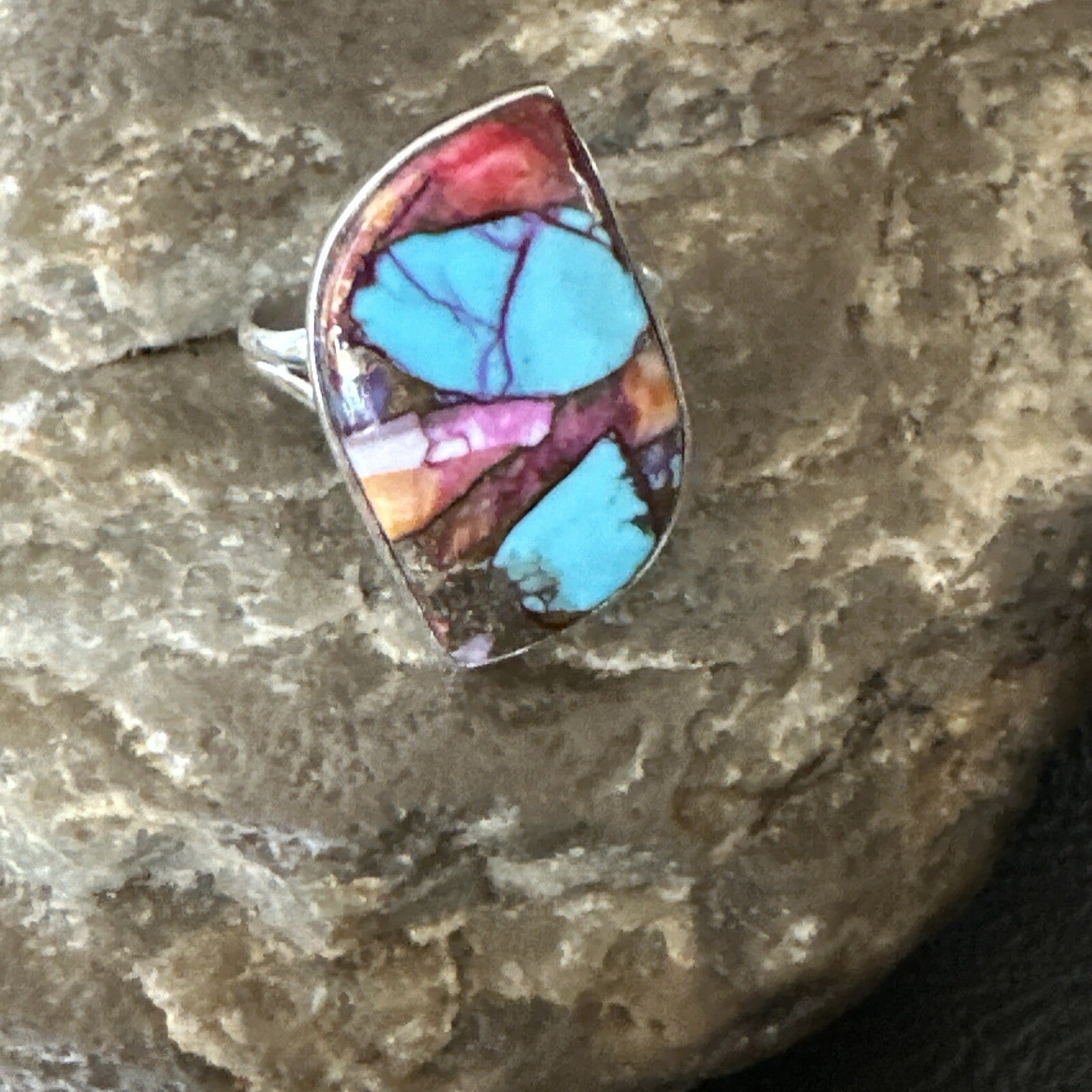 Blue Turquoise Spiny Oyster Southwestern Sterling Silver Ring Size 8 18441