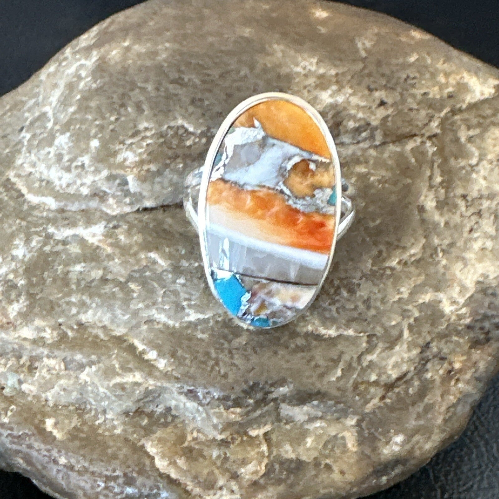 Blue Turquoise Spiny Oyster Navajo Sterling Silver Ring Size 8 18251