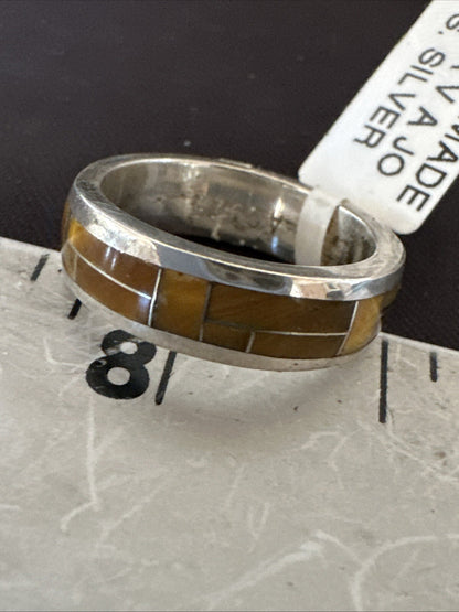Women Coffee Tigers Eye Navajo Sterling Silver Inlay Ring Size 7 18704