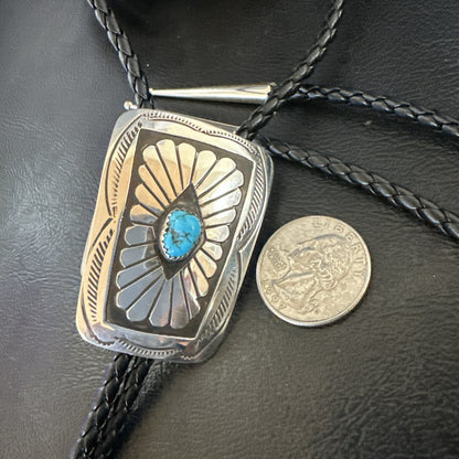 Mens Blue Kingman Turquoise Stamped Navajo Sterling Silver Bolo Tie 2” 19302