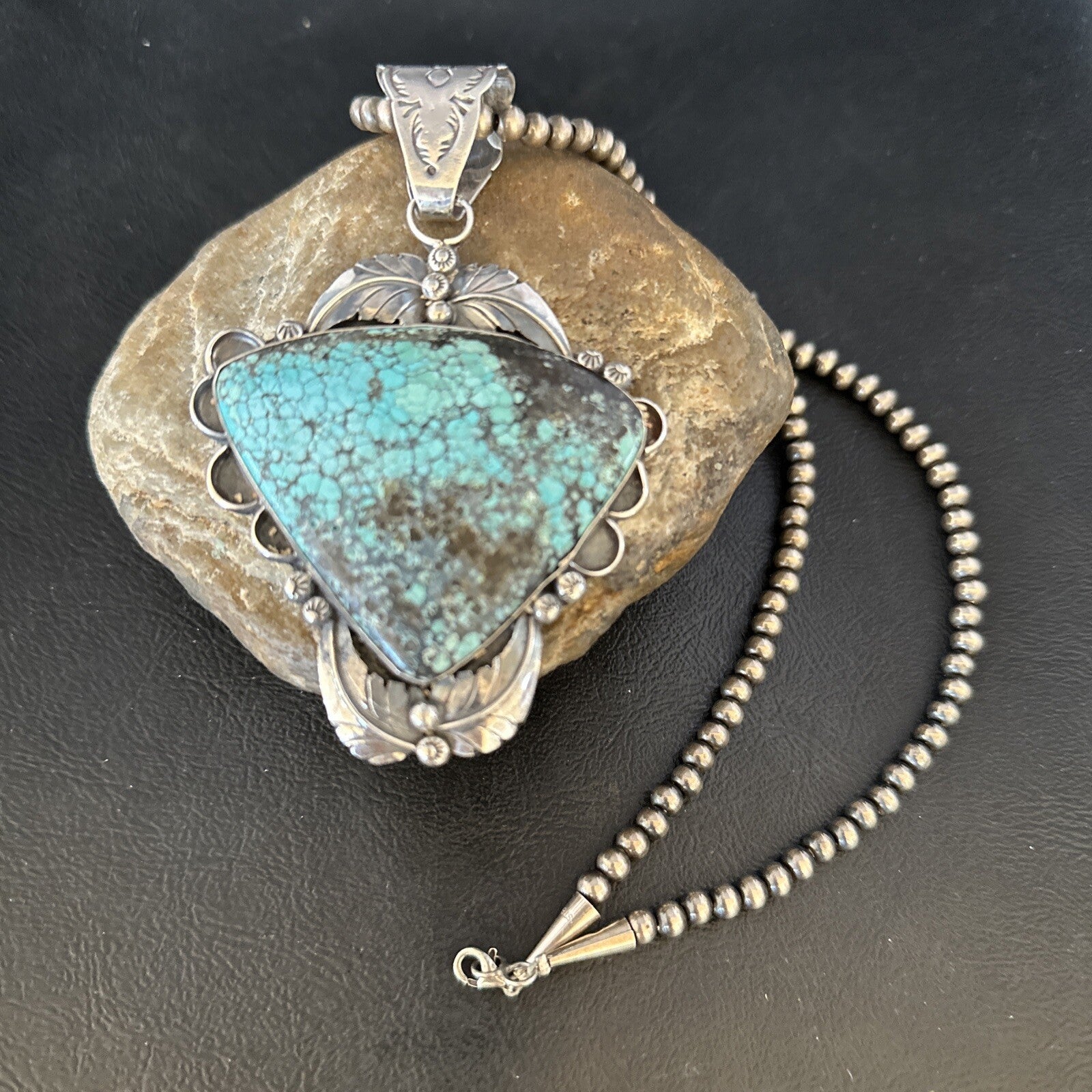 Blue Spiderweb Turquoise Pendant Navajo Pearls Sterling Silver Necklace 14807