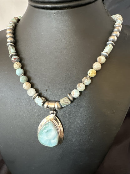 Blue Larimar Pendant Navajo Sterling Silver Natural Necklace 21" 17759