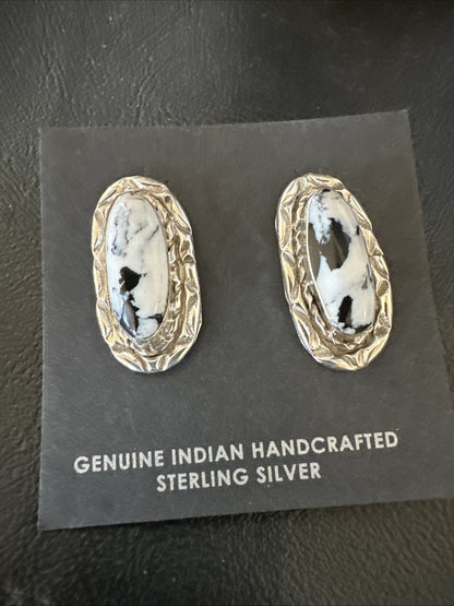 Women White Buffalo Turquoise Navajo Sterling Silver Post Earrings 19094