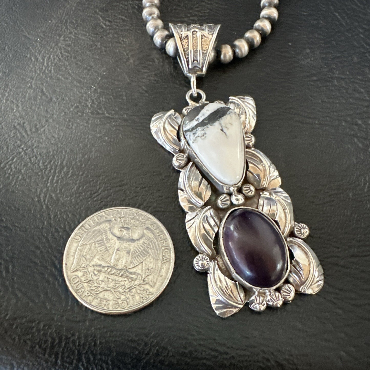 White Buffalo Turquoise  Purple Stone Pendant Navajo Sterling Silver 18036