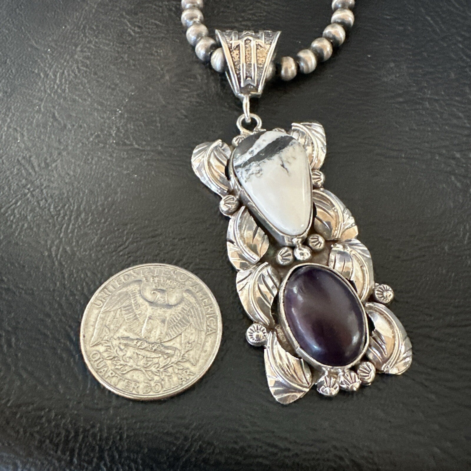 White Buffalo Turquoise  Purple Stone Pendant Navajo Sterling Silver 18036