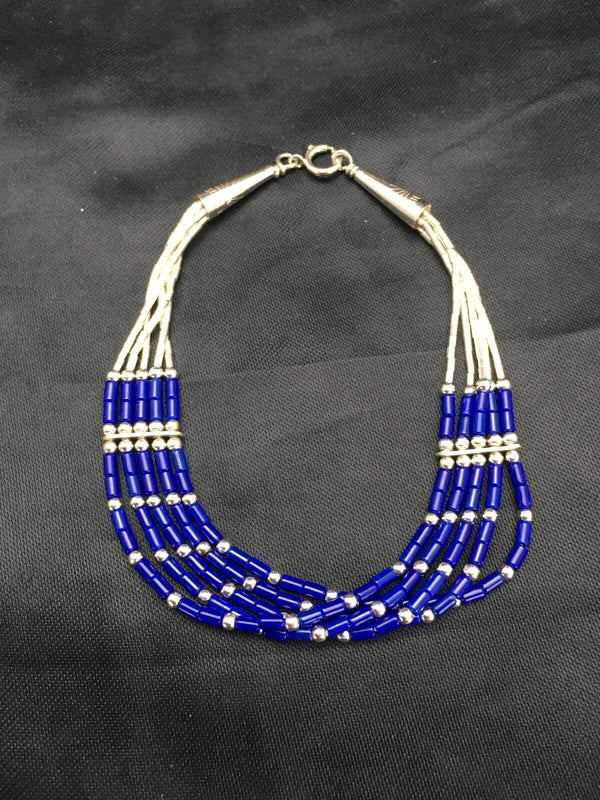Lapis Lazuli Stabilized Heishi 5 Strand Liquid Bracelet 8" | Sterling Silver | Authentic Native American Handmade | 02174
